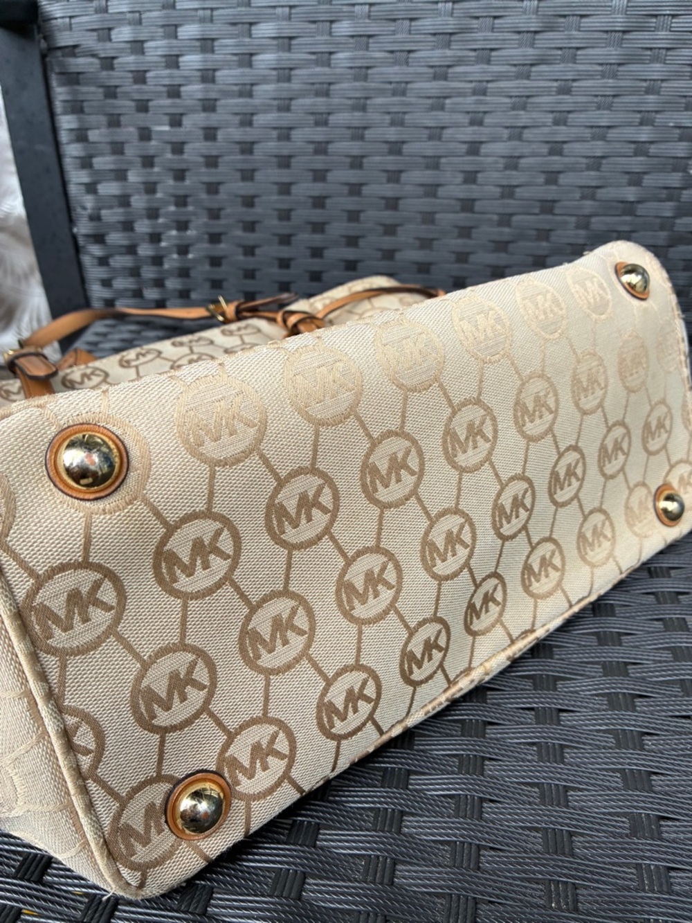 Michael Kors Tan Beige MK Logo Canvas Tote with Leather Straps - Picture 8 of 16